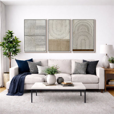 Mid Century Modern Boho "Disgressed Grunge Geometric Arch Circle Lines Artwork, Abstract Cozy Neutral Wall Pictures, Framed Canvas Giclée Print 3 Pieces Wall Art" 16"x24"x3 pcs, 24"x36"x3 pcs