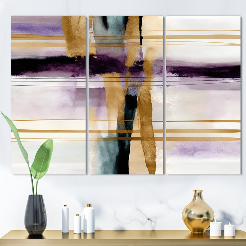 Abstrait géométrique mauve et doré - impression sur toile 3 pièces, H 32 po x l 48 po x P 1 po, Toile tendue