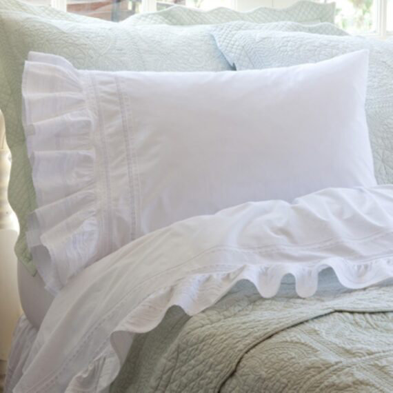 Elisa White Ruffled Cotton Pillowcase Set, King Pillowcase