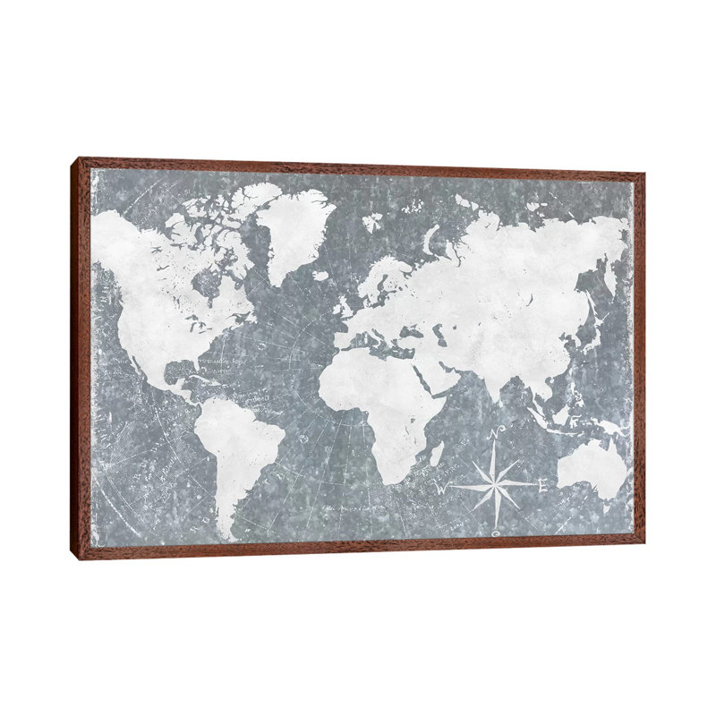 Galvanized Map - Print on Canvas, 45.72cm H x 66.04cm W x 3.81cm D, Classic Brown Wood Framed
