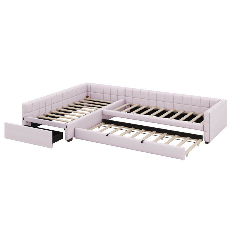 Lit de jour en L avec couchette et tiroir, lit d'angle rembourré pour adolescents, Rose