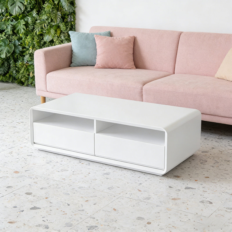 Table basse de luxe avec tiroir silencieux, Blanc, Blanc, 14.96" H x 39.37" L x 19.68" W