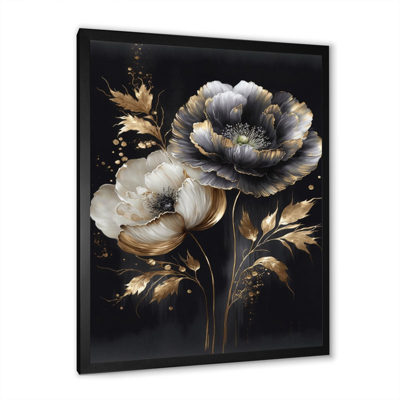 Grey Gold Flower Bouquet IV " Grey Gold Flower Bouquet IV ", Black Picture Framed Canvas, 40" H x 30" W x 1.5" D