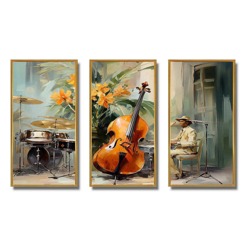 Cello Jazz Rhythms - Music Wall Art, 32" H x 48" W, Gold Floater Framed