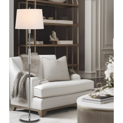 Lampe sur pied Ciudad 152 cm (60 po) de hauteur, métal gris argenté chromé, 150 W, ampoule E26 à 3 intensités, abat-jour rond blanc