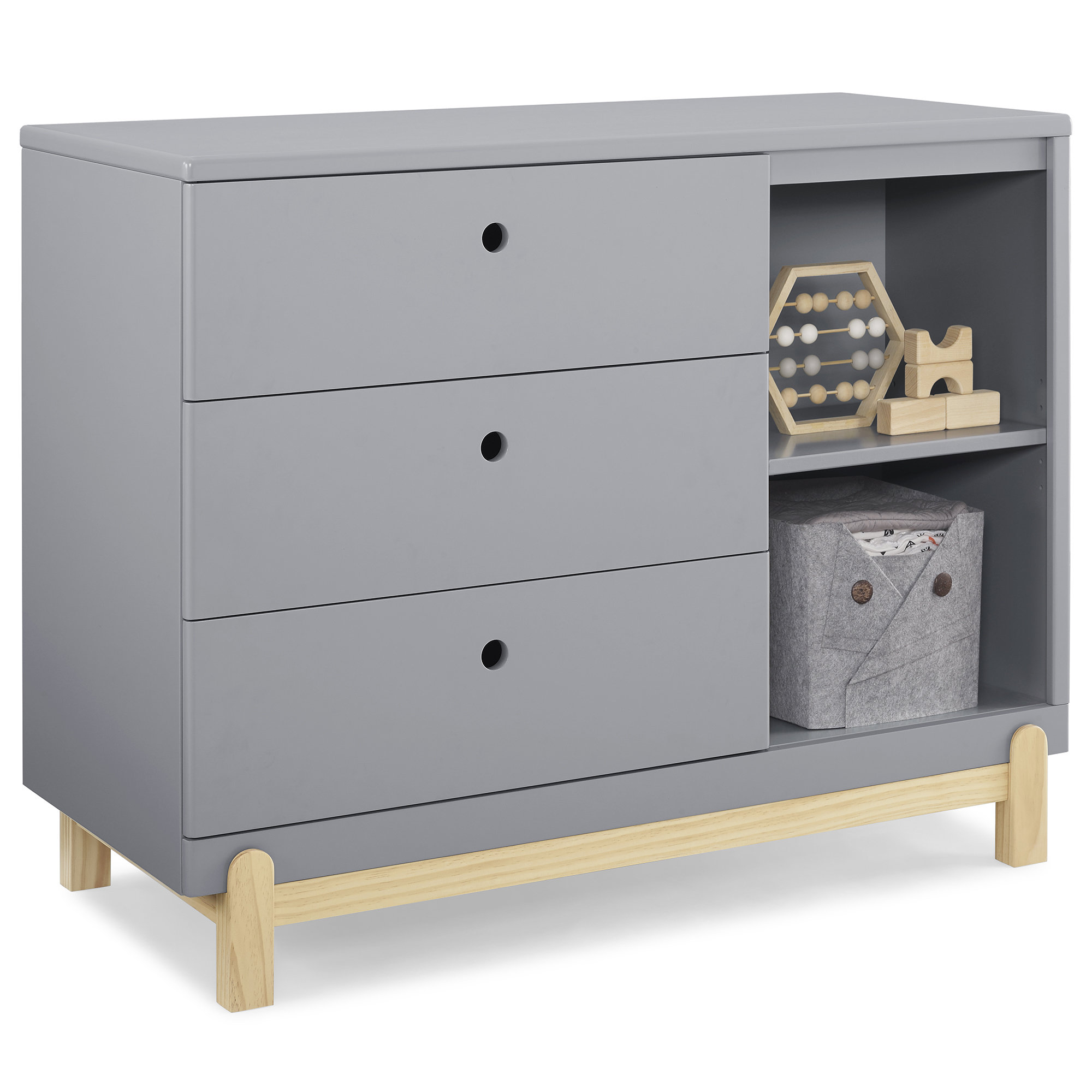 Poppy 3 Drawer Dresser with Cubbies and Interlocking Drawers, Gray/Natural