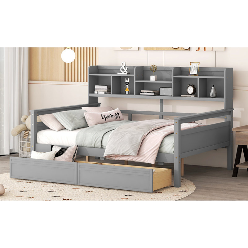 Lit de jour gris avec système de support à lattes en bois, tablette de chevet, 2 tiroirs - Polyvalent pour la décoration intérieure