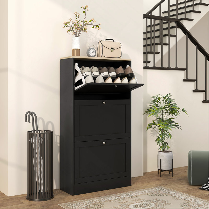Armoire de rangement étroite pour chaussures pour le vestibule avec 3 tiroirs rabattables et tablettes réglables, range-chaussures pour 18 paires de chaussures, noir