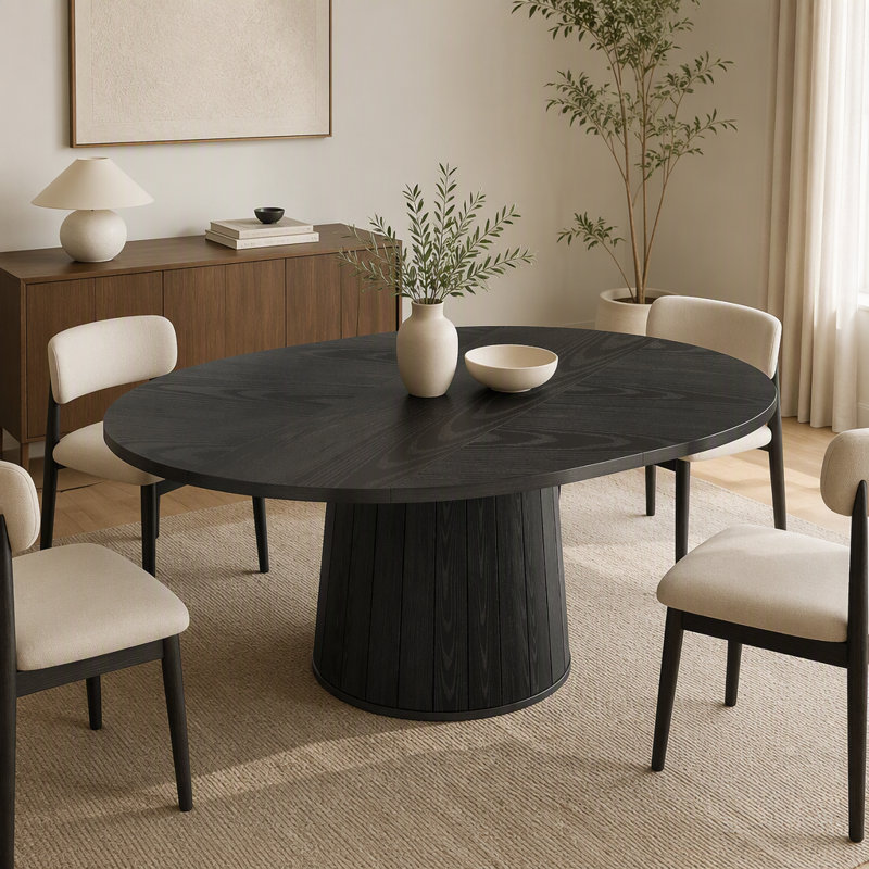 Table de salle à manger ovale de 140 cm avec pied central cylindrique, table de cuisine en bois brun chaud, idéale pour la cuisine et le coin repas.