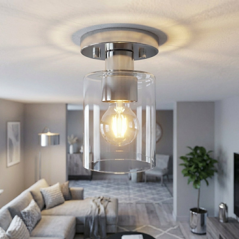 1-Light Semi-Flush Mount Cylinder Glass Shade Light(Silver), Silver