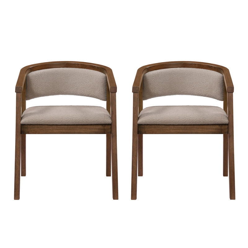 Arden U-Shaped Boucle Upholstered Dining Chairs With Armrest, Khaki Cushion/Walnut Frame