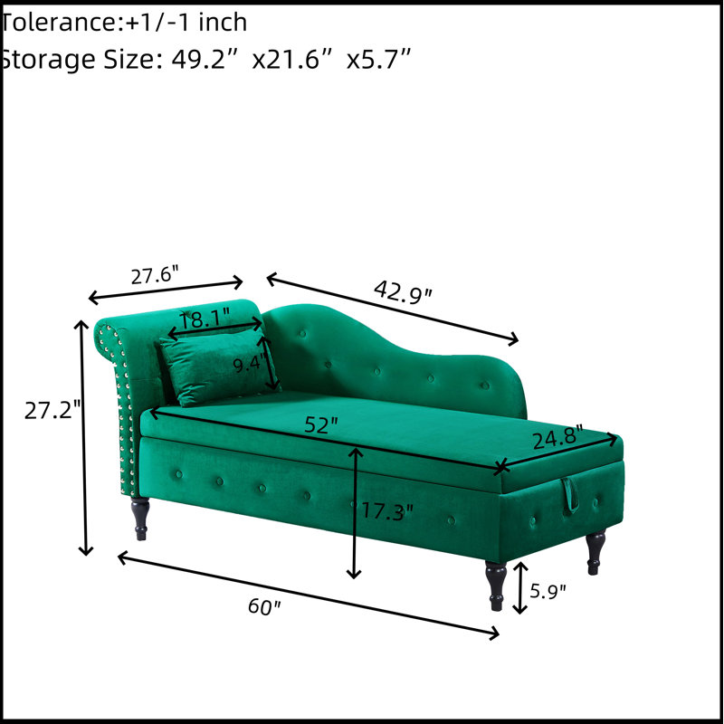 Chaise longue de rangement en velours avec capitonnage à boutons et garniture cloutée - Pieds en bois massif, conception 2 en 1, 1 coussin inclus