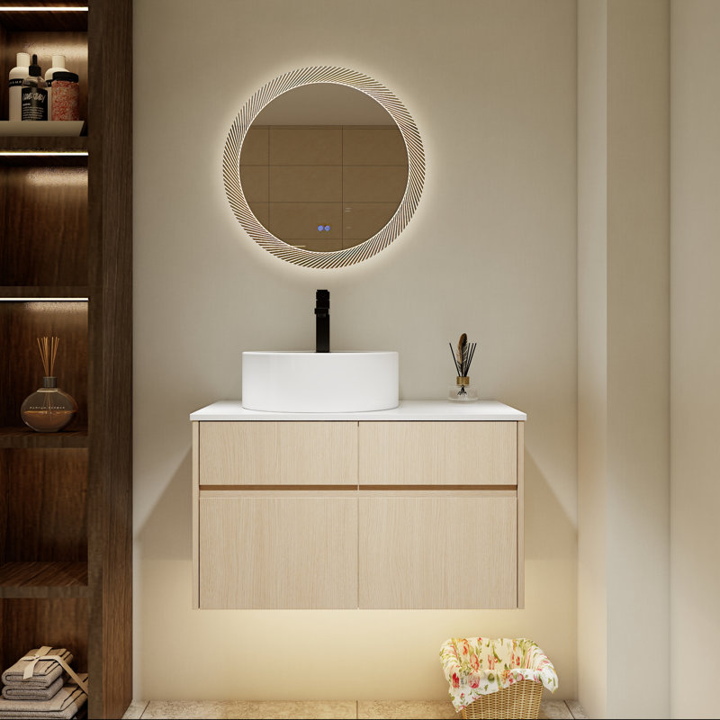 32" Wall-Mounted Bathroom Vanity with Ceramic Sink and Soft-Close Doors, White Oak