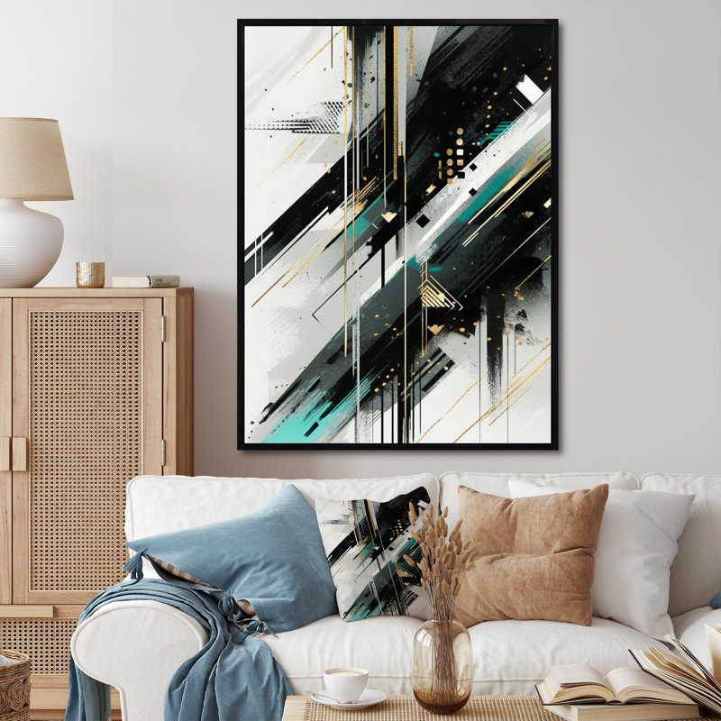 Vert blanc blanc cubiste kaléidoscope III sur toile, Cadre flottant noir, H 20 po x l 12 po x P 1 po