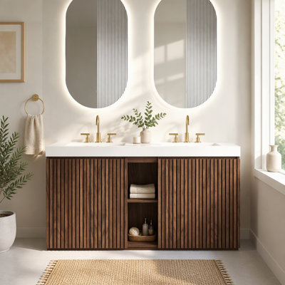 Meuble-lavabo 60F avec lavabo et trois trous de robinet, grand meuble-lavabo autoportant pour salle de bain moderne, lavabo double une pièce sans bonde ni robinet