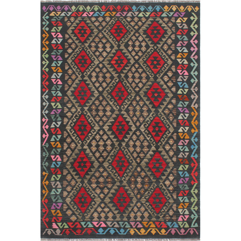 Tapis gris anthracite / rouille en laine tissé à la main à motif tribal / géométrique / sud-ouest de couleur cépage Cedorah