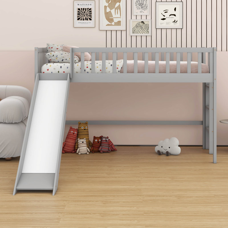 Twin Size Low Loft Bed Loft Bed ,Wood Loft Bed With Ladder And Slide, Gray