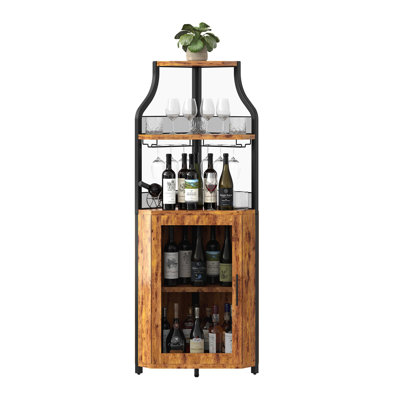 Corner Wine Bar Cabinet with Detachable Rack, Barn & Mesh Door, Adjustable Shelf, Buffet Cabinet for Home Bar, Retro Wood