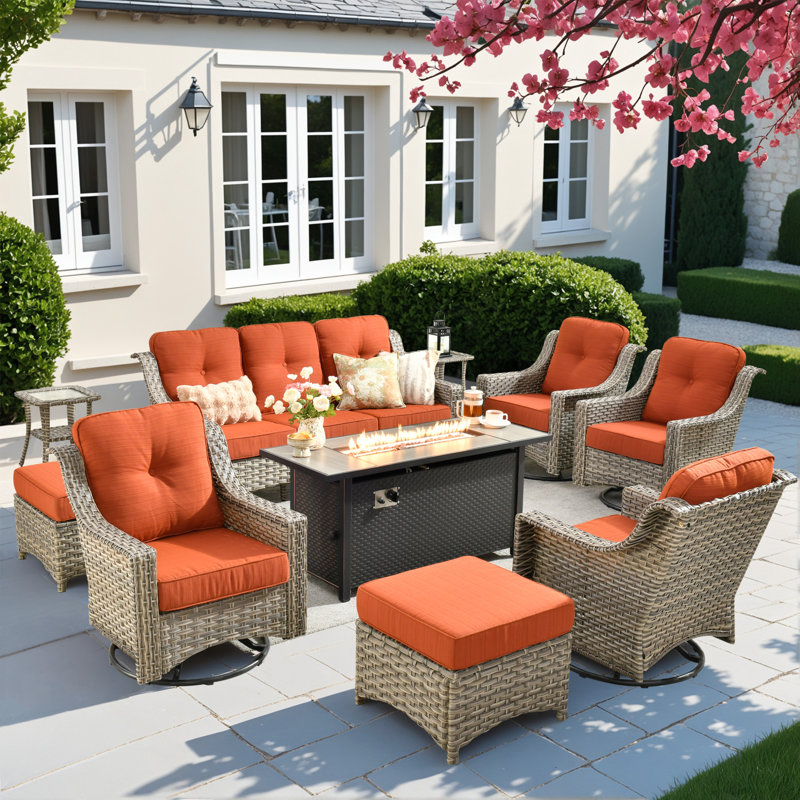 10 Pieces Patio Furniture Set With 53" Fire Pit Table, Outdoor Wicker Swivel Rocking Chairs With Comfy Cushions, All-weather High Back Sofa Couch Set For Backyard Or Lawn