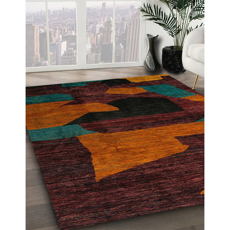Tapis abstrait brun / bleu / noir Monyae, Carré 3 pi