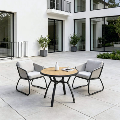 Table de salle à manger d'extérieur ronde de 35,4 po de couleur grise, table en aluminium résistante à la rouille résistante aux intempéries avec plateau à lattes HDPS à séchage rapide, mobilier d'appoint stable nécessitant peu d'entretien pour la cour arrière au bord de la piscine