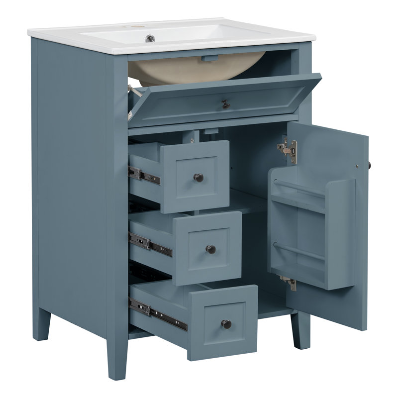 Meuble-lavabo avec lavabo, panneau de fibres à densité moyenne et bois d'hévéa, 3 tiroirs et armoire avec tablettes réglables, conception moderne pour les petites et moyennes salles de bain