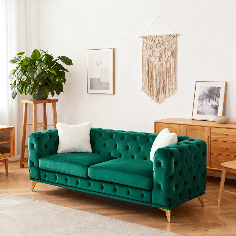 Canapé en velours de luxe de 82,5 pouces avec accents matelassés Chesterfield, 2 coussins et pieds en métal, Vert