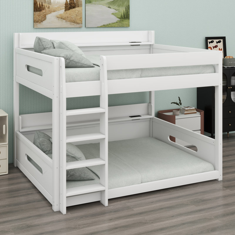 Multi-functional bunk bed system with shelves and convenient USB power outlets, White
