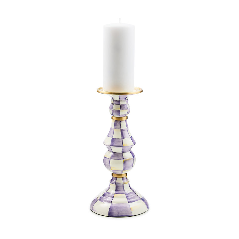 Violet Check Pillar Candlestick, 11'' H x 5.75'' W x 5.75'' D