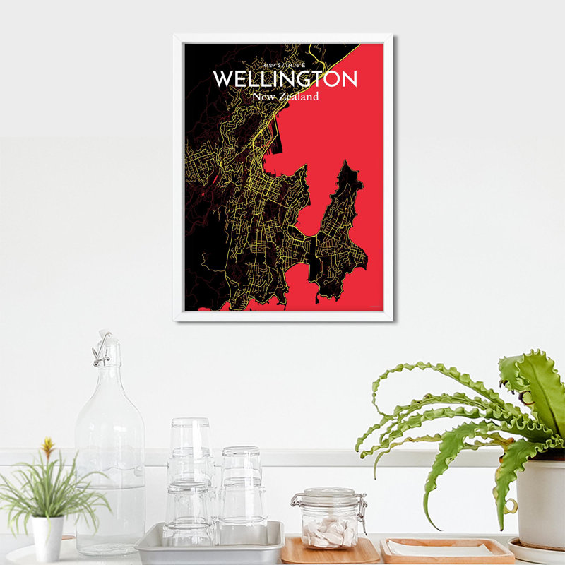 Wellington, carte de la ville, impression, Noir / rouge / jaune, H 24 po x l 18 po