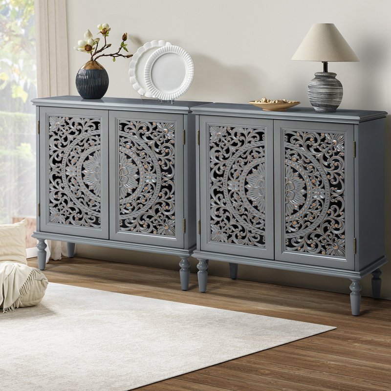 Breesford 32" Tall 2-Door Openwork Carving Accent Cabinet with Solid Wood Legs Set of 2, Gray