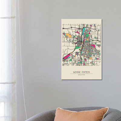 Grand Rapids, Michigan Map by Ayse Deniz Akerman - Wrapped Canvas Print