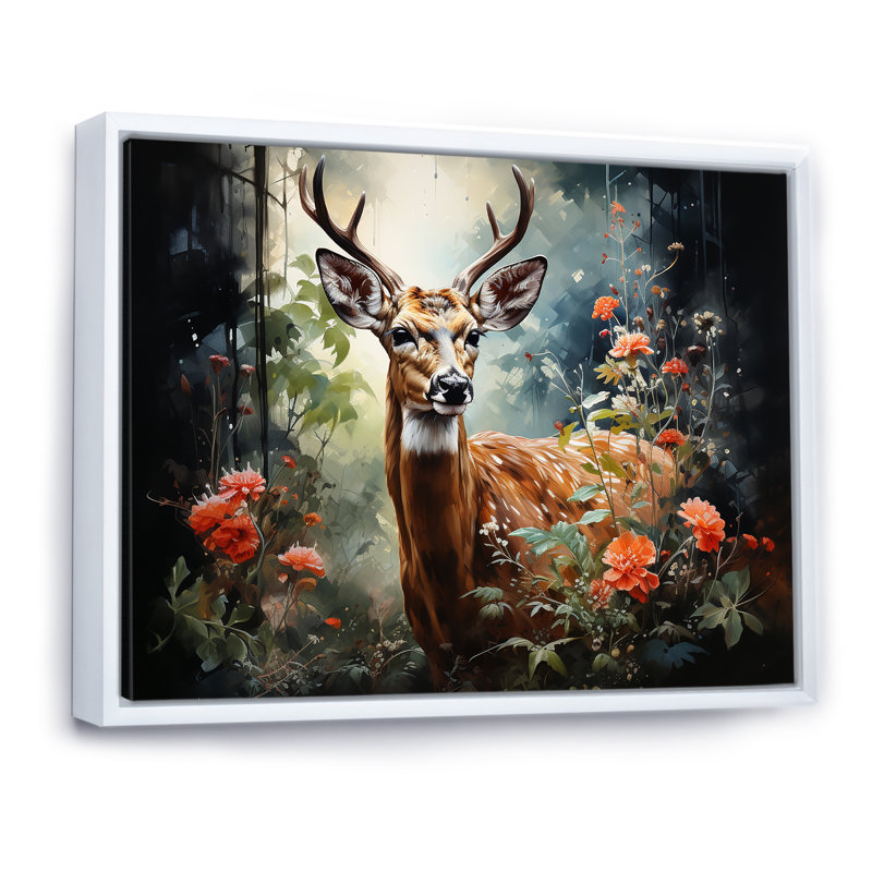 Brun et rose, cerf dans la forêt sauvage - Art mural animal cerf, Cadre flottant blanc, H 34 po x l 44 po x P 1,5 po