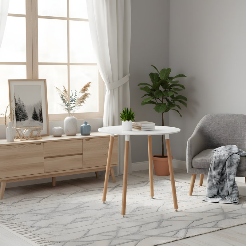 Nero Round Solid Wood Base Dining Table, Natural, White