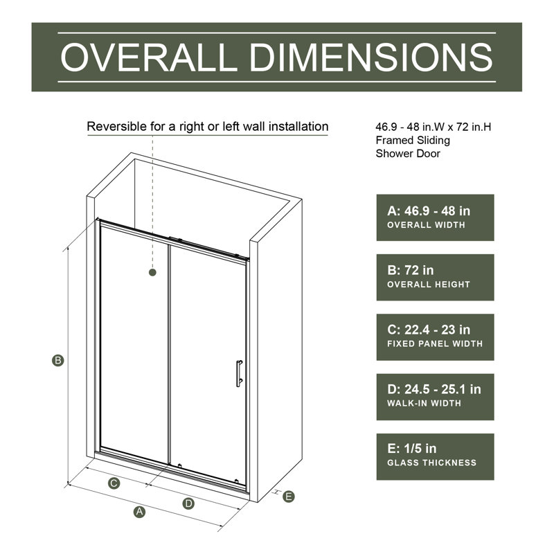 48.In W X 72.In H Single Sliding Shower Door, 1/5 Inch Thick Clear Tempered Glass Shower Door With Stainless Steel Handle