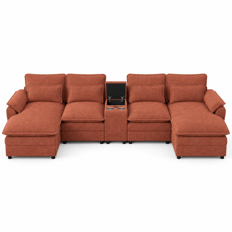 Canapé modulaire en U de 133,9 po de largeur à 4 places avec méridienne double, console de rangement, porte-gobelets et charge USB