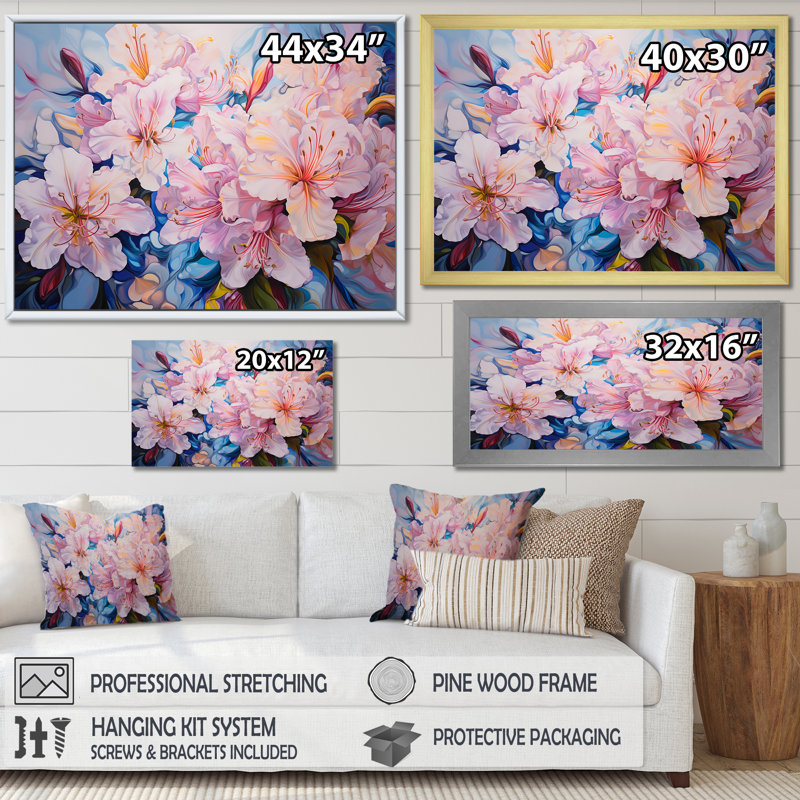 Motif de fleurs de rhododendron rose - imprimé, Cadre flottant noir, H 12 po x l 20 po x P 1 po