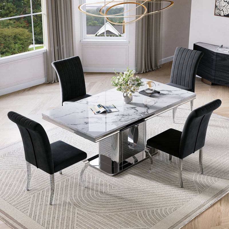 70.08”Faux Marble Top Pedestal Dining Table Set, Silver, Black/Silver, White