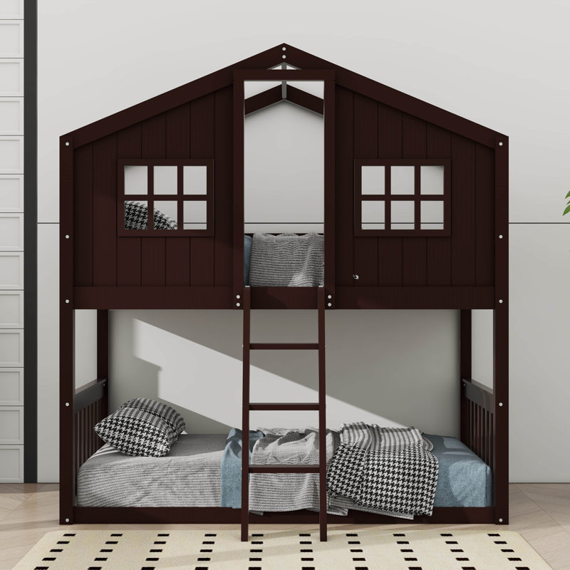 Posell Kids Twin Over Twin Bunk Bed, Espresso