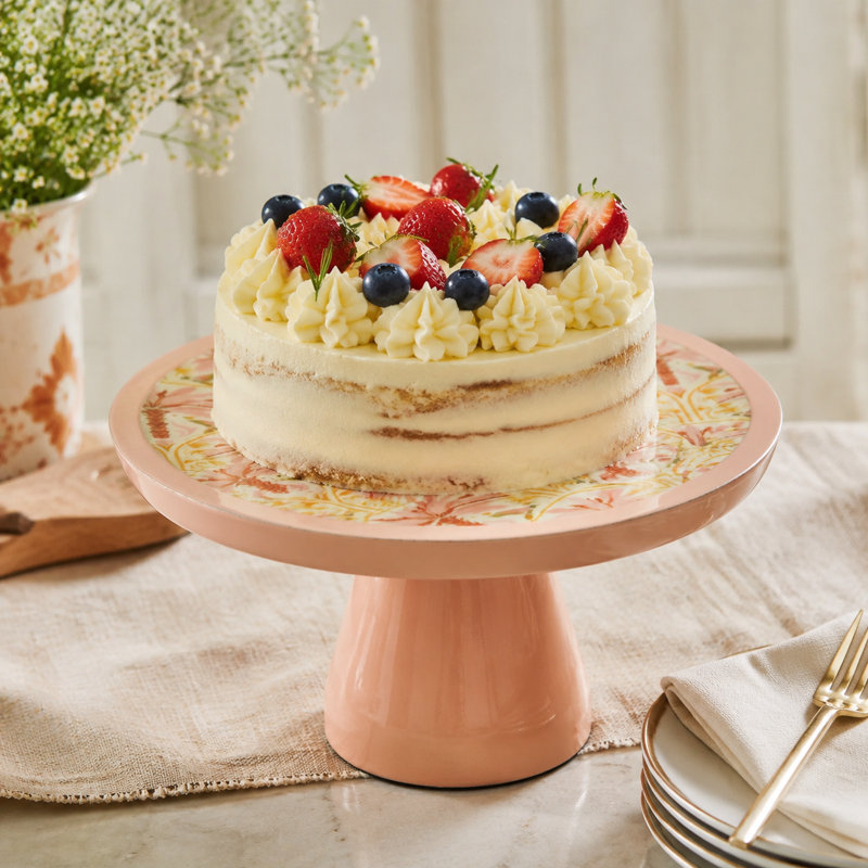 Présentoir à gâteaux en bois de manguier avec plateau floral rose 10,5 po