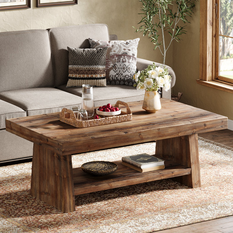 Table basse rectangulaire en bois massif, centre de 47 pouces en bois véritable avec rangement, Brun clair carbonisé