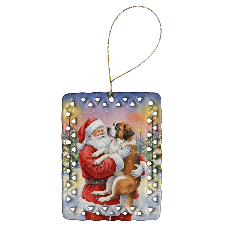 Ornement en porcelaine Saint-Bernard avec le Père Noël, Saint-Bernard