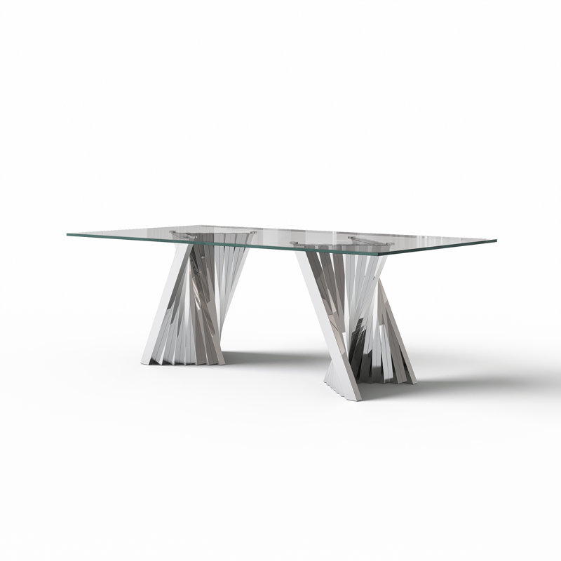 8 - Person Glass Top Double Pedestal Dining Set, Blue/Silver, Silver
