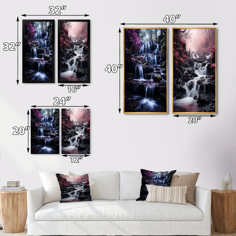 «Pink Grey Waterfall Misty Reverie», 2 pièces sur toile, Cadre blanc, H 32 po x l 32 po