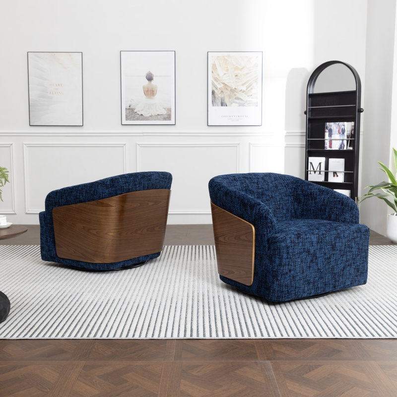 Fauteuil demi-tonneau rotatif en lin Andretta (ensemble de 2), Lin bleu foncé