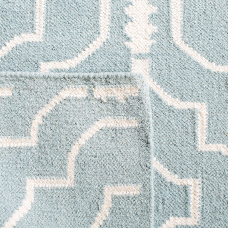 Tapis géométrique en laine / coton tissé à la main Milltown en bleu clair / ivoire, Tapis de couloir 2 pi 6 po x 12 pi