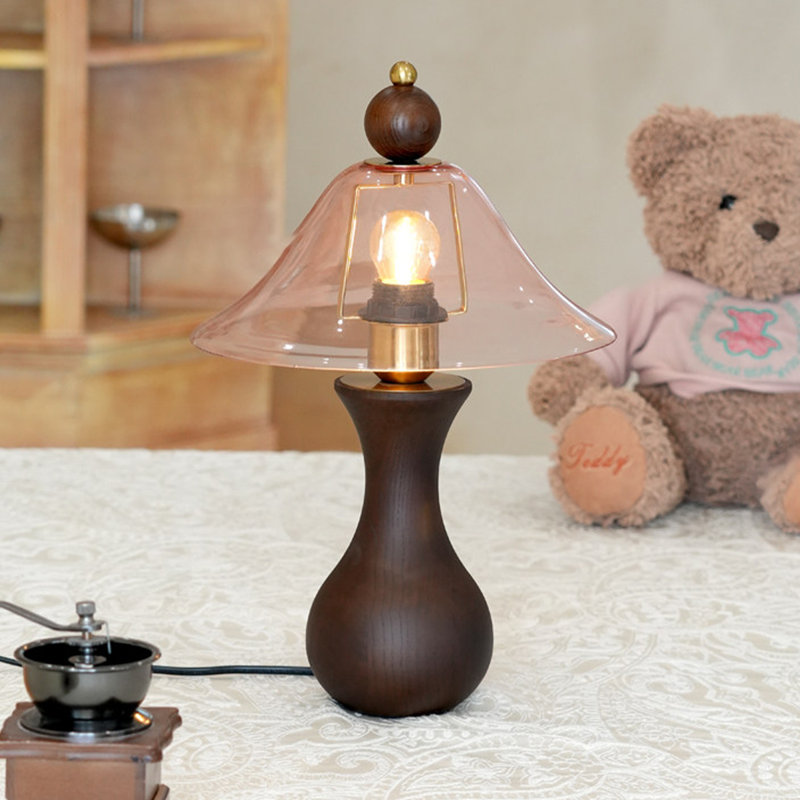 Petite lampe de table moderne en bois massif brun avec abat-jour en verre pour le salon de la chambre à coucher, ampoule incluse