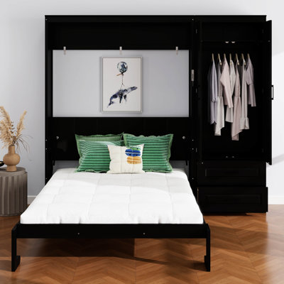Multifunctional Foldable Platform Bed with Storage Wardrobe and Drawers,Upholstered Headboard