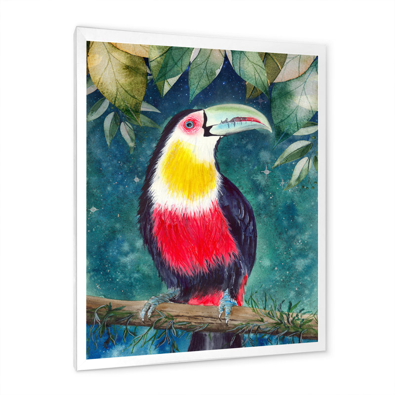 Toucan sur une branche d'arbre avec feuilles d'émeraude - reproduction sur toile, H 20 po x l 12 po x P 1 po