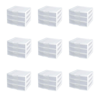 Sterilite Clear Plastic Stackable Small 3 Drawer Storage System, White